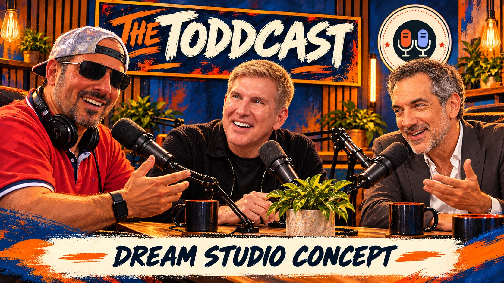 AI-imagined dream podcast scene with Todd Michael, Todd Howard and Todd McFarlane; not a real interview